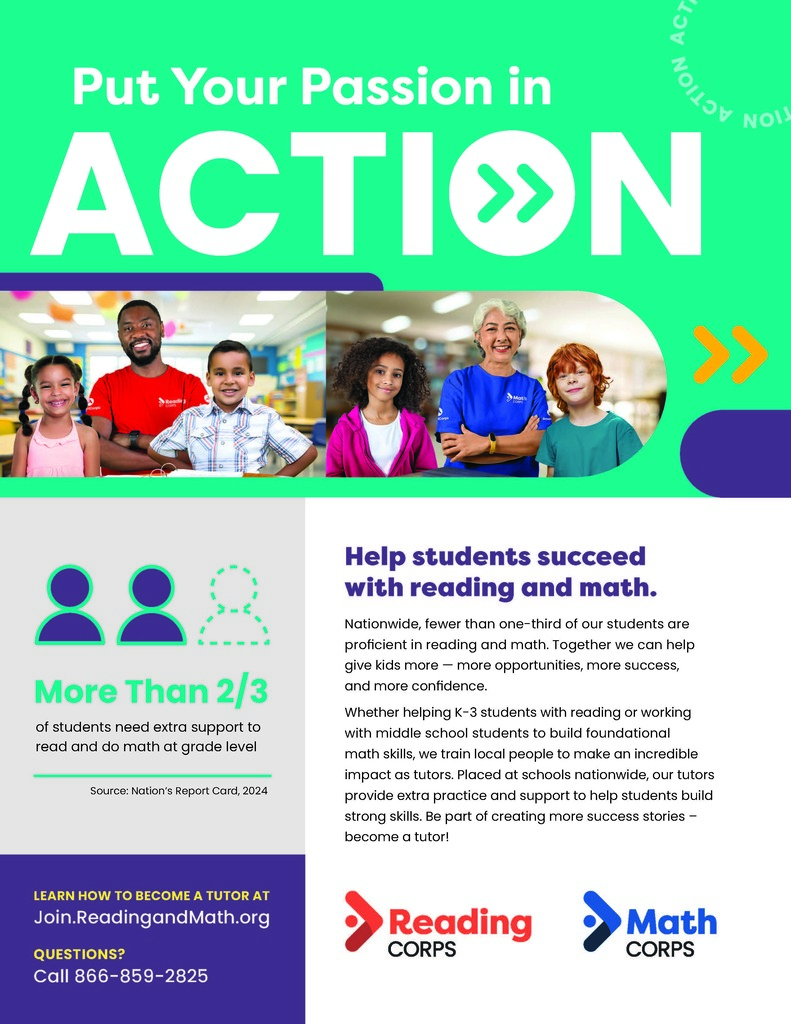A flyer/brochure about joining Reading and Math Corps for tutoring
