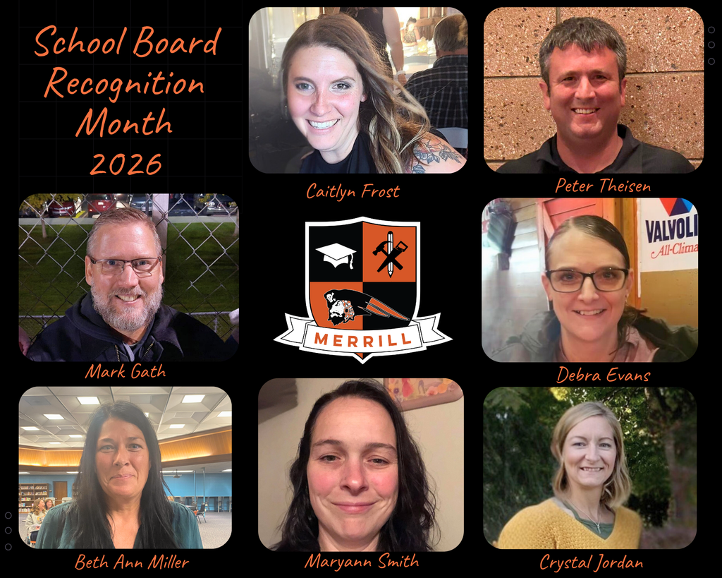 Black background with 7 pictures of our school board members, with their names in oragne writting. 