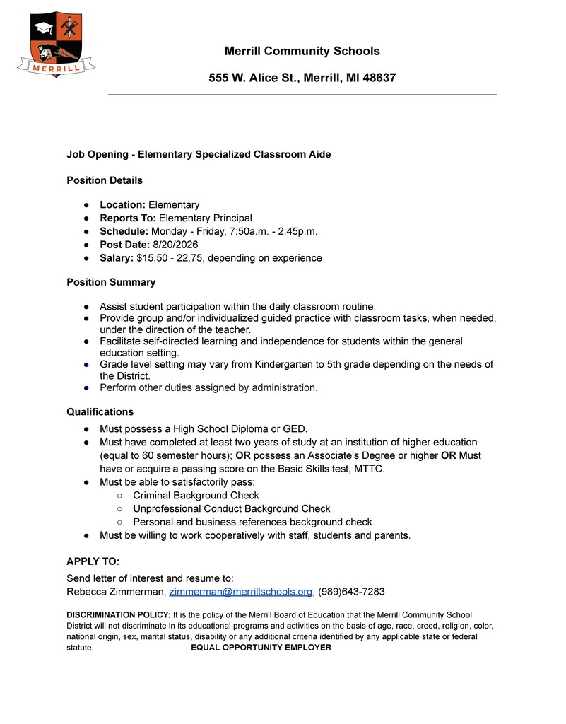 Job Opening - Elementary Specialized Classroom Aide