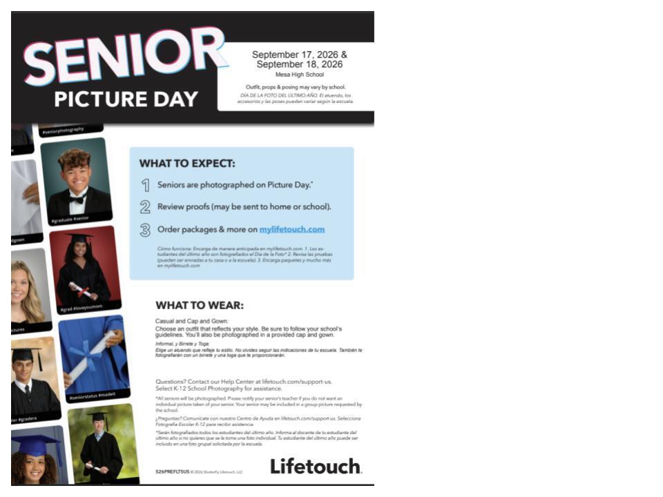 Flyer for Mesa High School Senior Picture Day on Sept 17 & 18, 2026. Includes steps: photo taking, reviewing proofs, and ordering on mylifetouch.com. Outfit guide notes wearing casual clothes and provided cap and gown. Lifetouch logo.