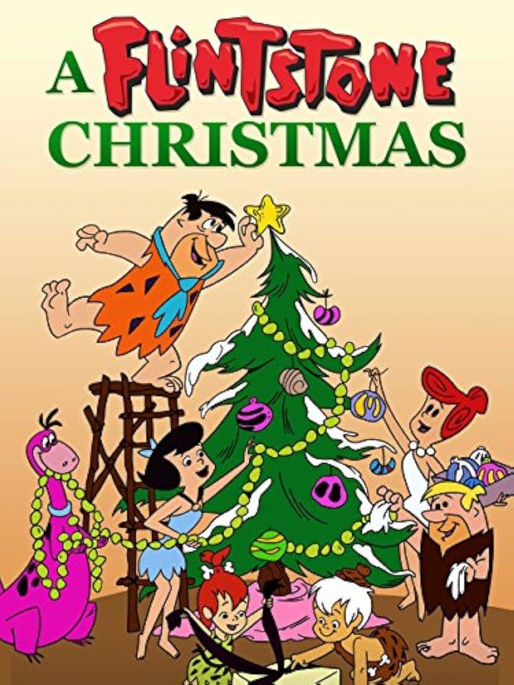 Flintstones decorating a Christmas tree.