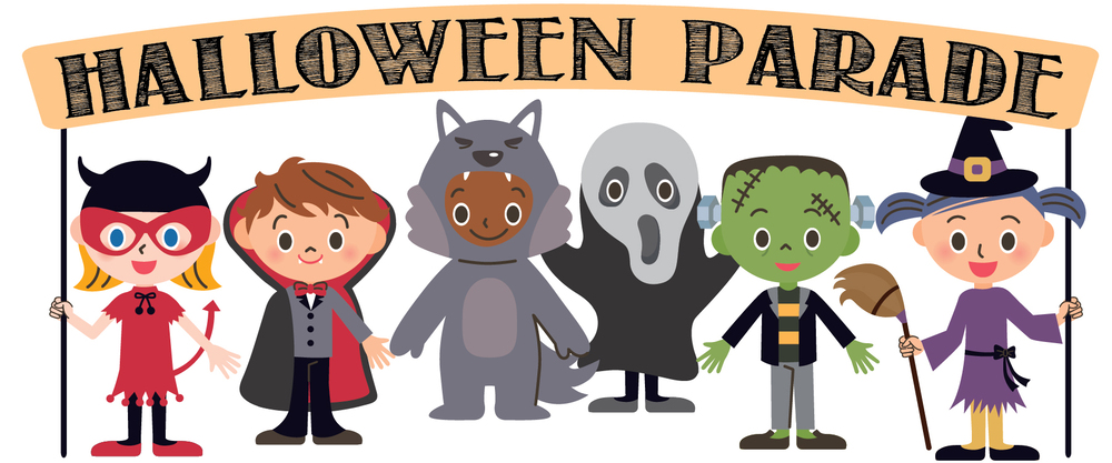 cartoon kids dressed up as the devil, dracula, wolf, ghost, frankenstein, and a witch