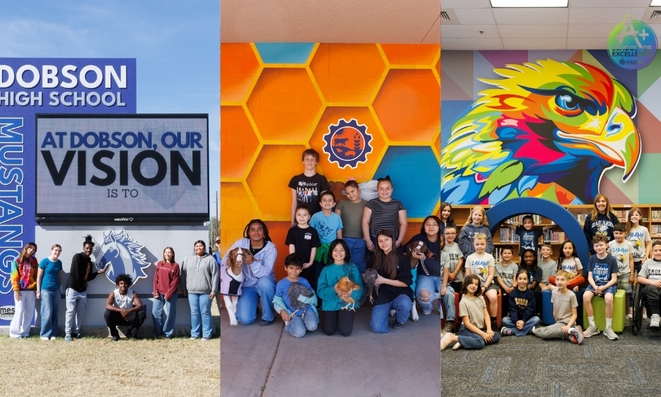 Students pose in front of respective schools