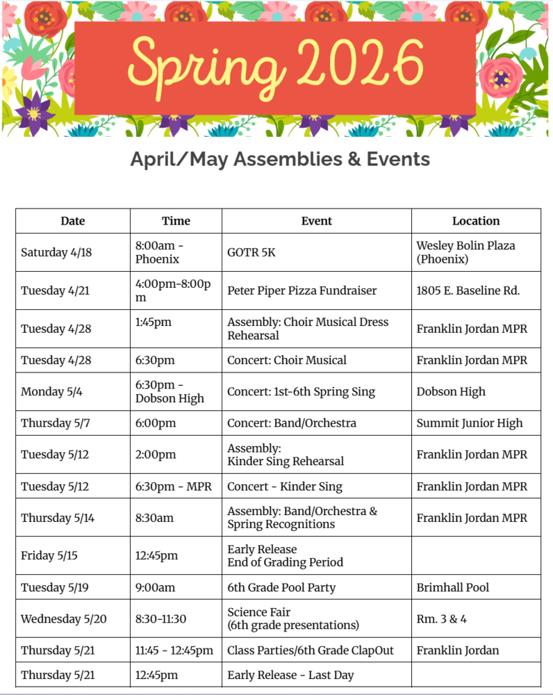 Calendar of spring events