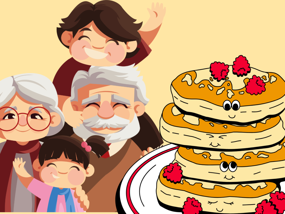cartoon image of grandparents with two grandchildren by a plate of smiling pancakes.
