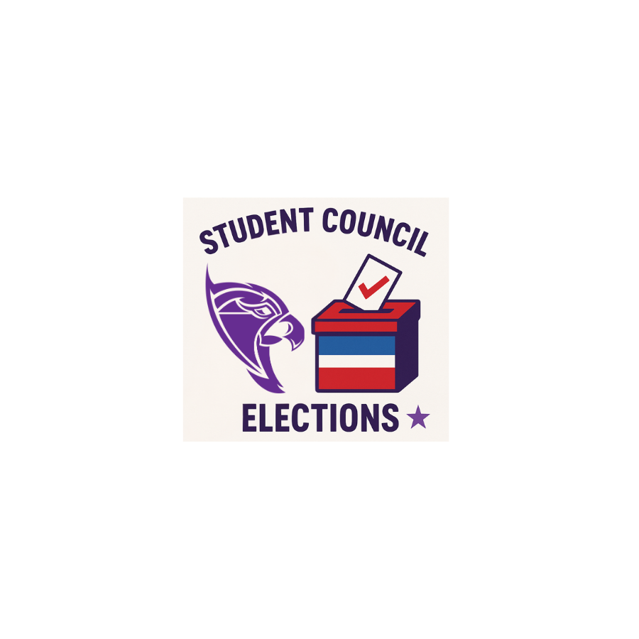 Purple Falcon Graphic with red, white, and blue ballot box. Text reads "Student Council Elections"