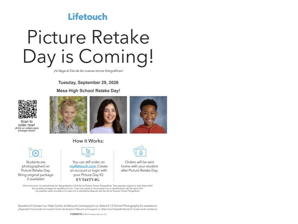 Lifetouch Picture Retake Day flyer for Mesa High School on Tuesday, Sept 29, 2026. Includes 3 student photos, online ordering info at mylifetouch.com with Picture Day ID EVT64TV4G, instructions to bring original package