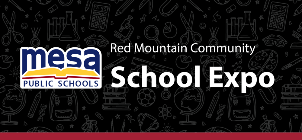 Mesa Public Schools logo on a black school-themed background with the text “Red Mountain Community School Expo” in white and a red bar along the bottom.