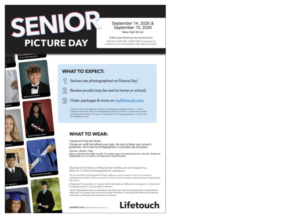 Lifetouch Senior Picture Day flyer for Mesa High School on September 14 & 15, 2026. Features sample cap & gown portraits, instructions to review proofs and order packages at mylifetouch.com, and outfit tips for casual and cap/gown photos.