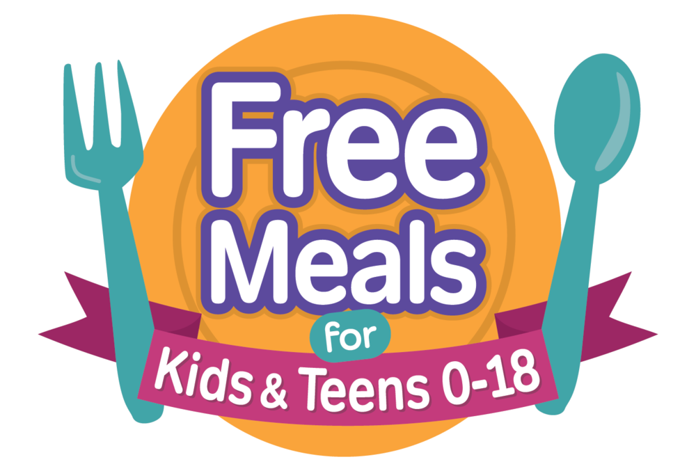 Colorful graphic with an orange circle and teal fork and spoon. Bold text reads ‘Free Meals,’ with a ribbon: ‘for Kids & Teens 0–18.