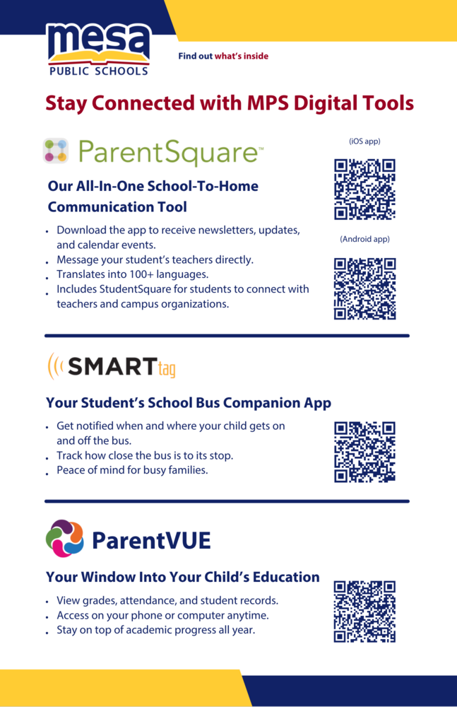 Stay connected with MPS digital tools. Scan the QR code for ParentSquare, SMART tag, or ParentVue