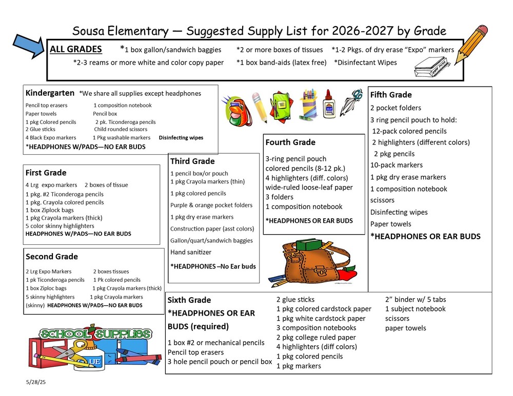 Grade level supply list 2026-27