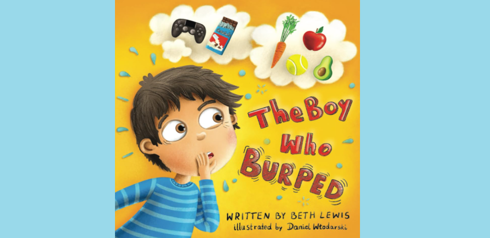 the cover of the book, The Boy Who Burped, written by Beth Lewis and illustrated by Daniel Wtodarski.