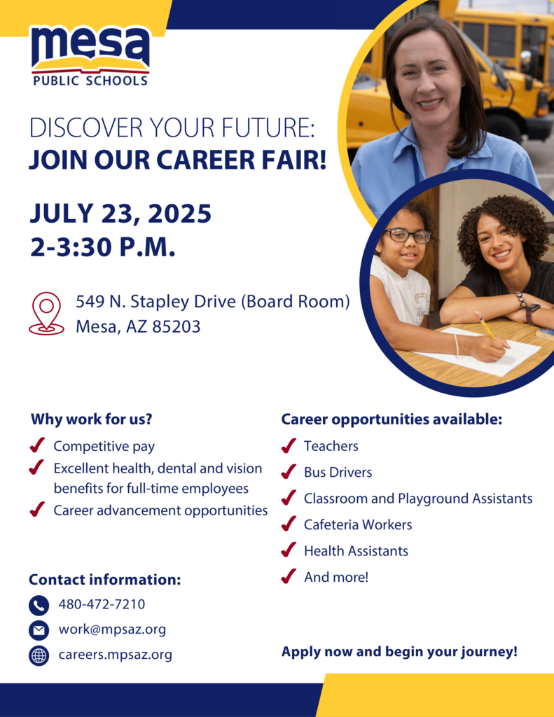 Flyer for career fair. July 23, 2 to 3:40 pm at 549 N Stapley Dr (Board room)