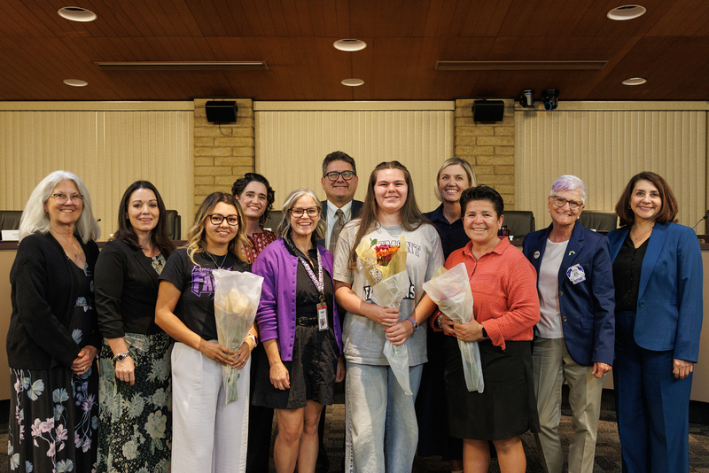 A group picture of students, staff and administrators from Fremont Junior High in the Governing Board Room.