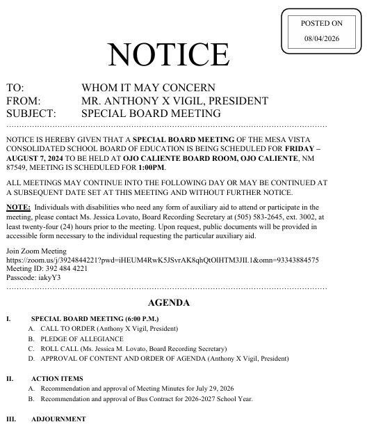 Special Board Meeting - August 9