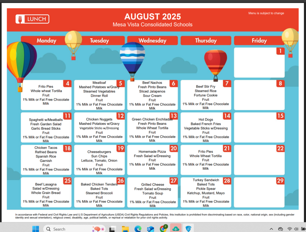 August 2025 Lunch Menu