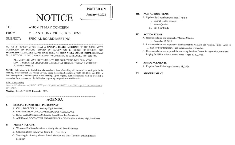 January 7 2026 Agenda