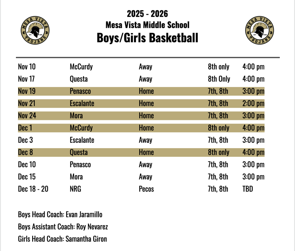 Mesa Vista MS Basketball Schedule