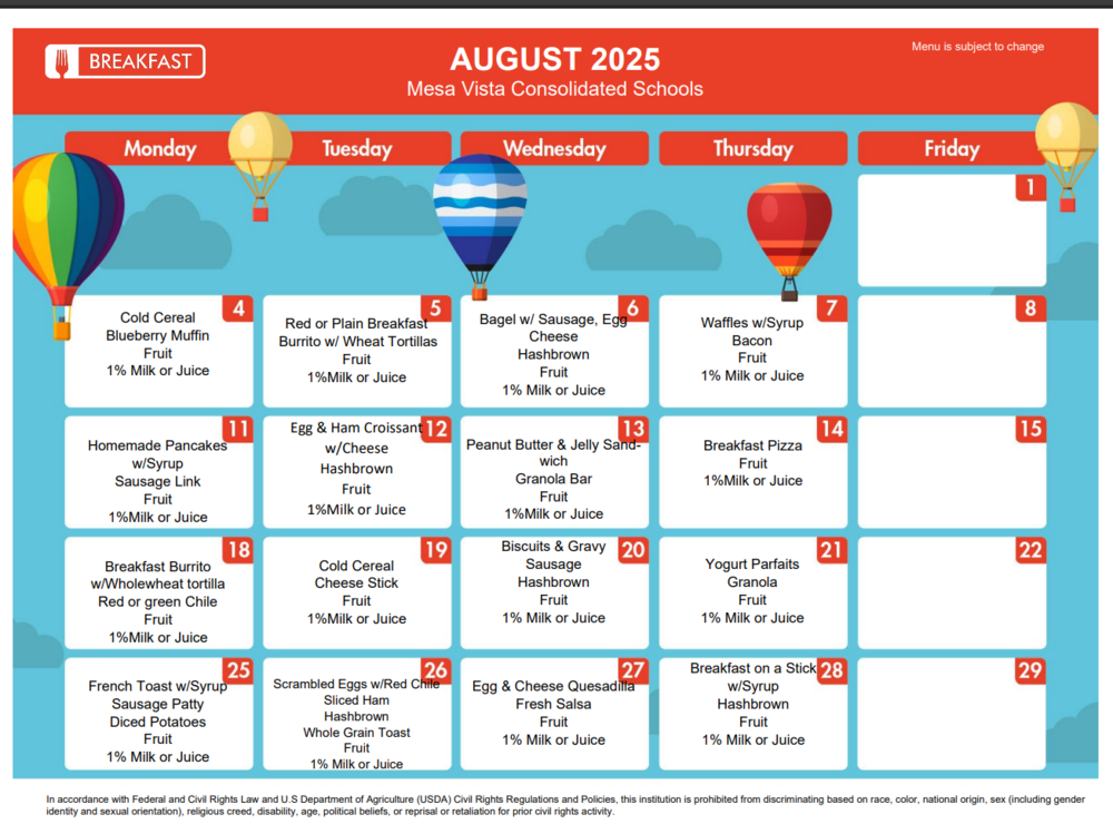 August 2025 Breakfast Menu