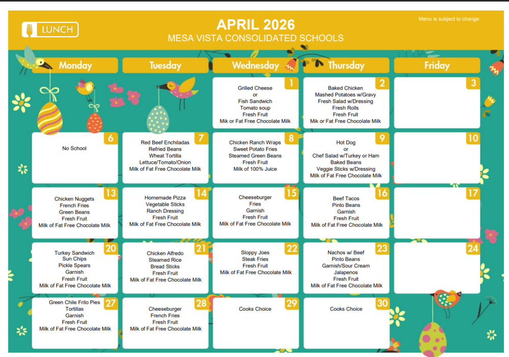 April Lunch Menu