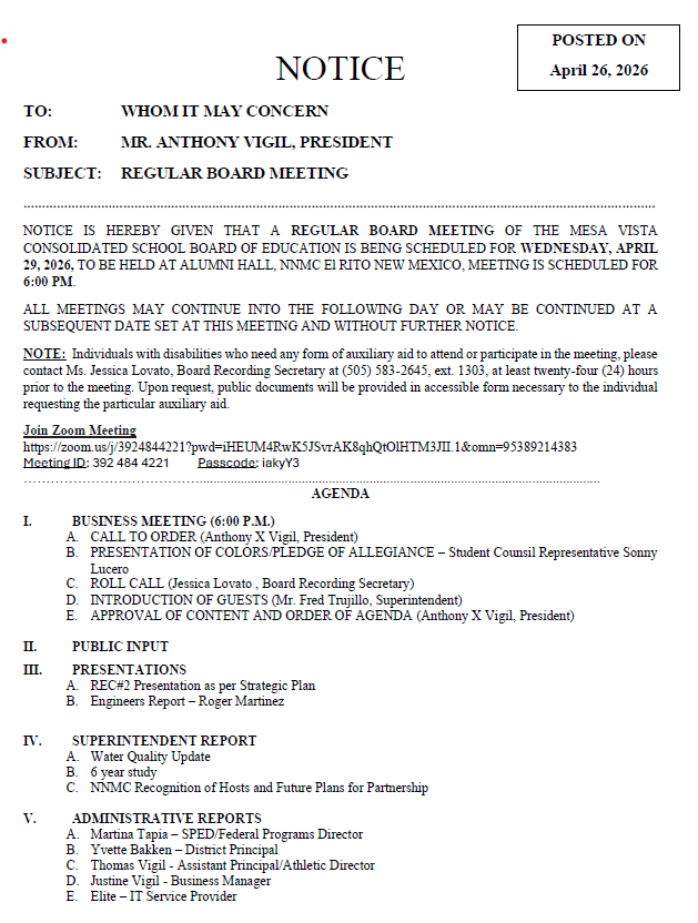 April 29, 2026 Agenda