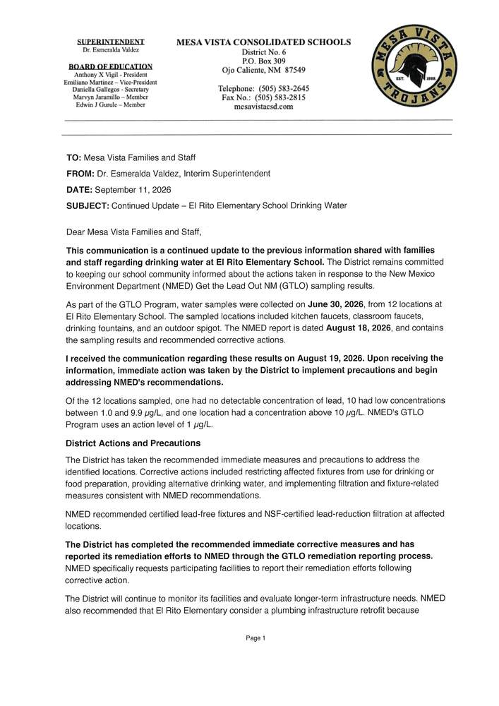 El Rito Elem School Drinking Water Update