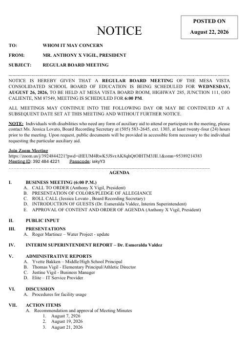 August 26 2026 Board Meeting