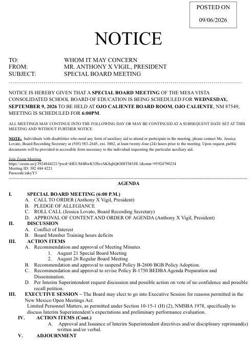 September 9,  2026 Agenda