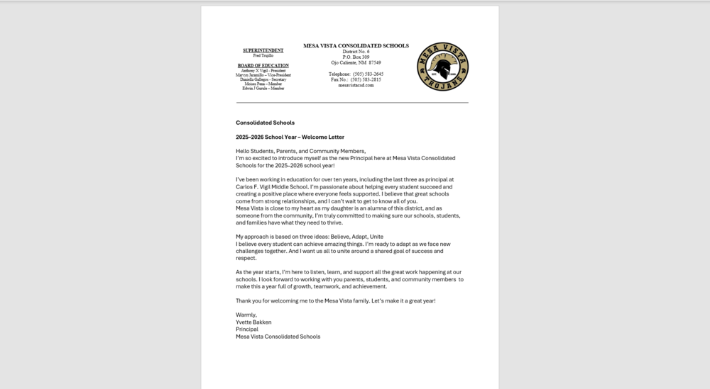 Welcome Letter from Principal Bakken