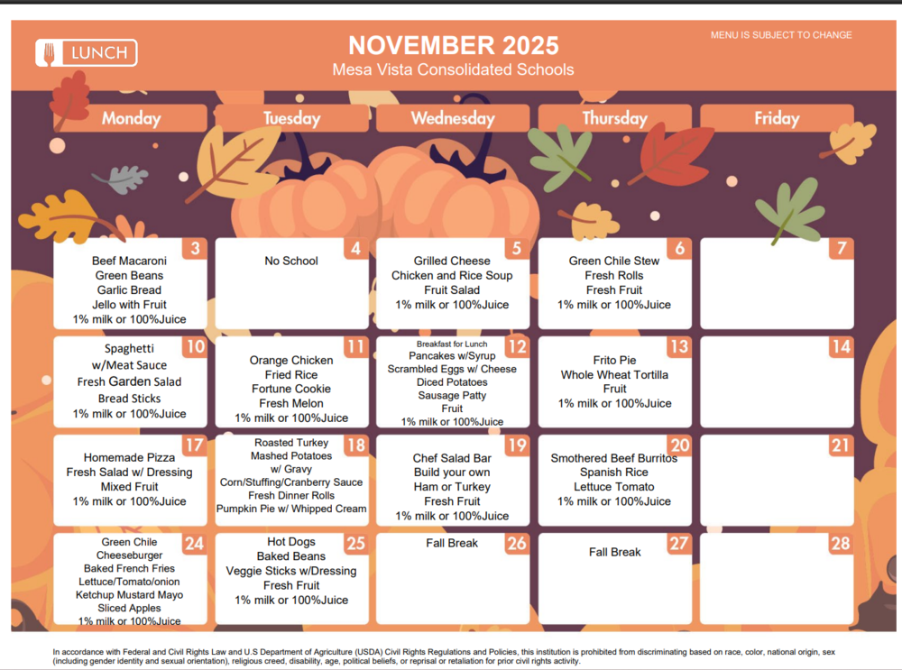 El Rito Elementary November Lunch Menu