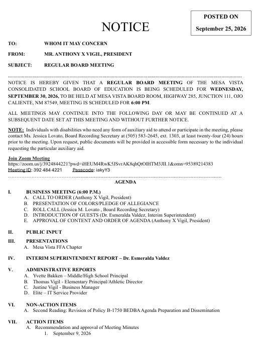 September 30, 2026 Agenda