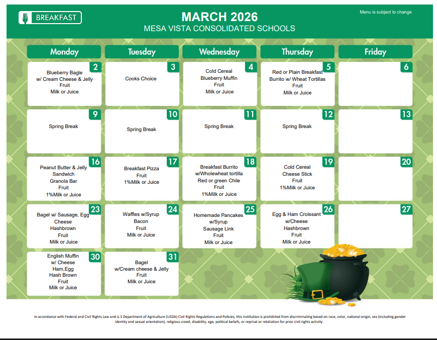 March Breakfast Menu