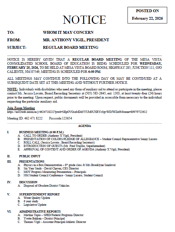 February 25, 2026 Agenda