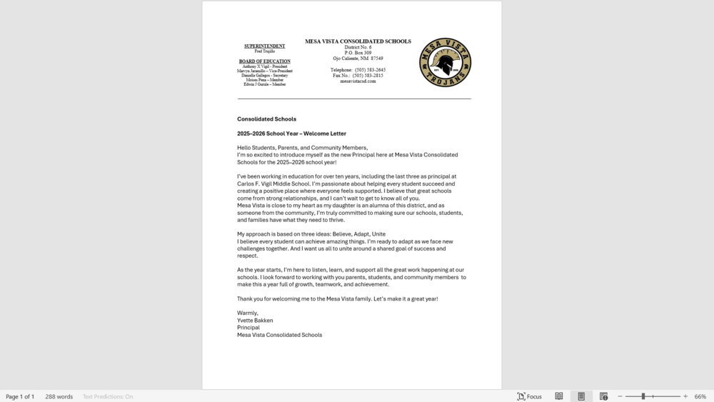 Welcome Letter from Principal Bakken