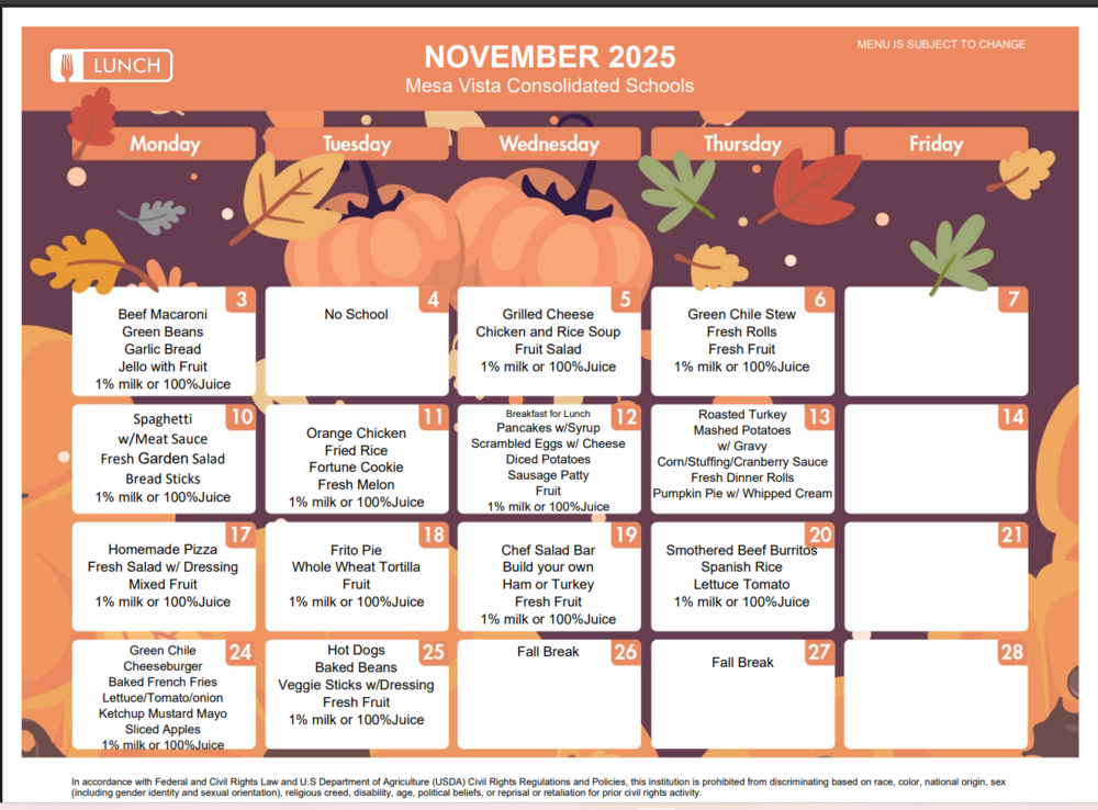 Ojo Caliente Elementary November Lunch Menu