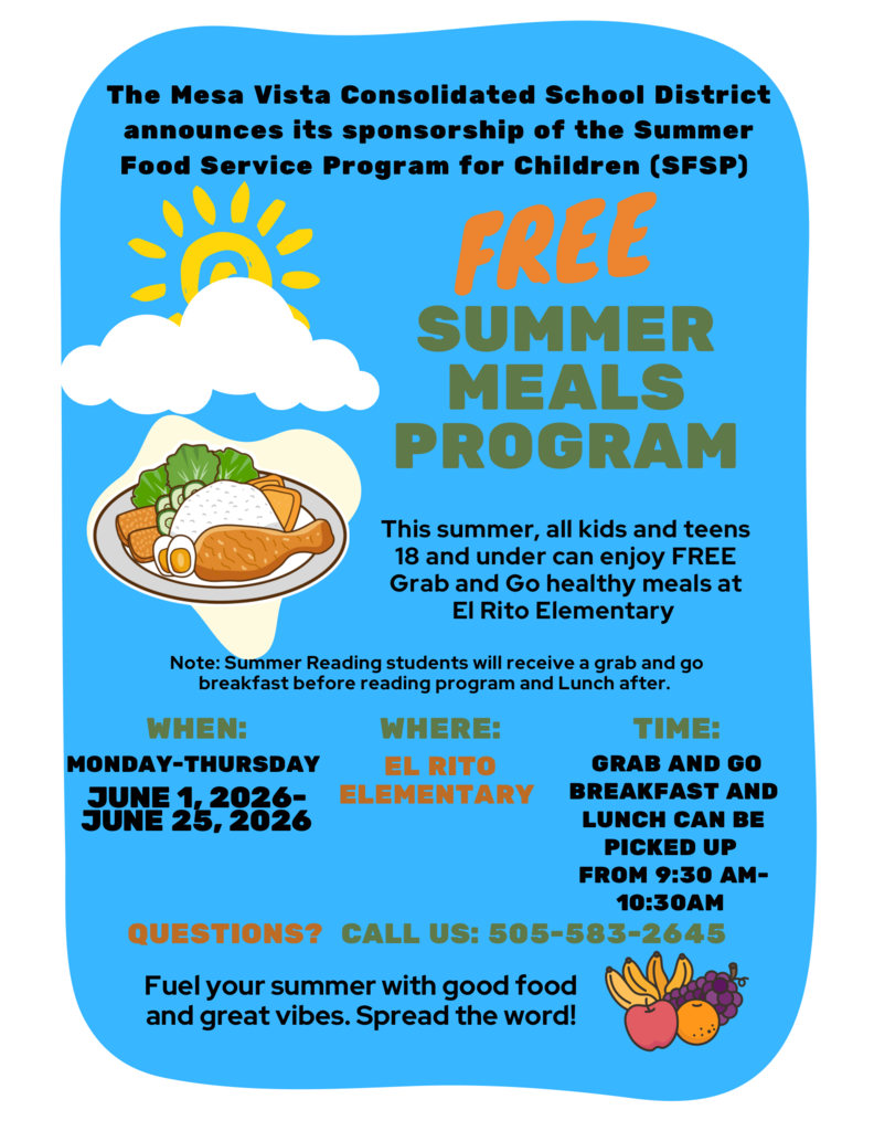 Free summer meals will be available at El Rito Elementary for children and teens 18 and under during the month of June.