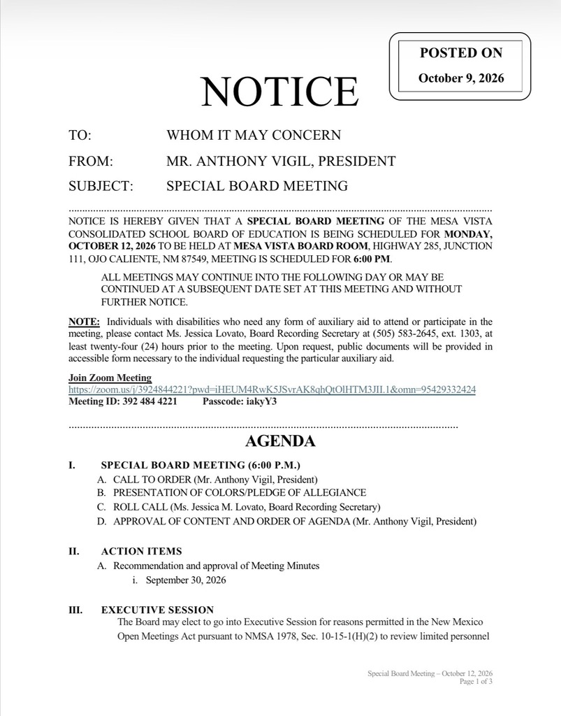 Special Board meeting announcement and agenda