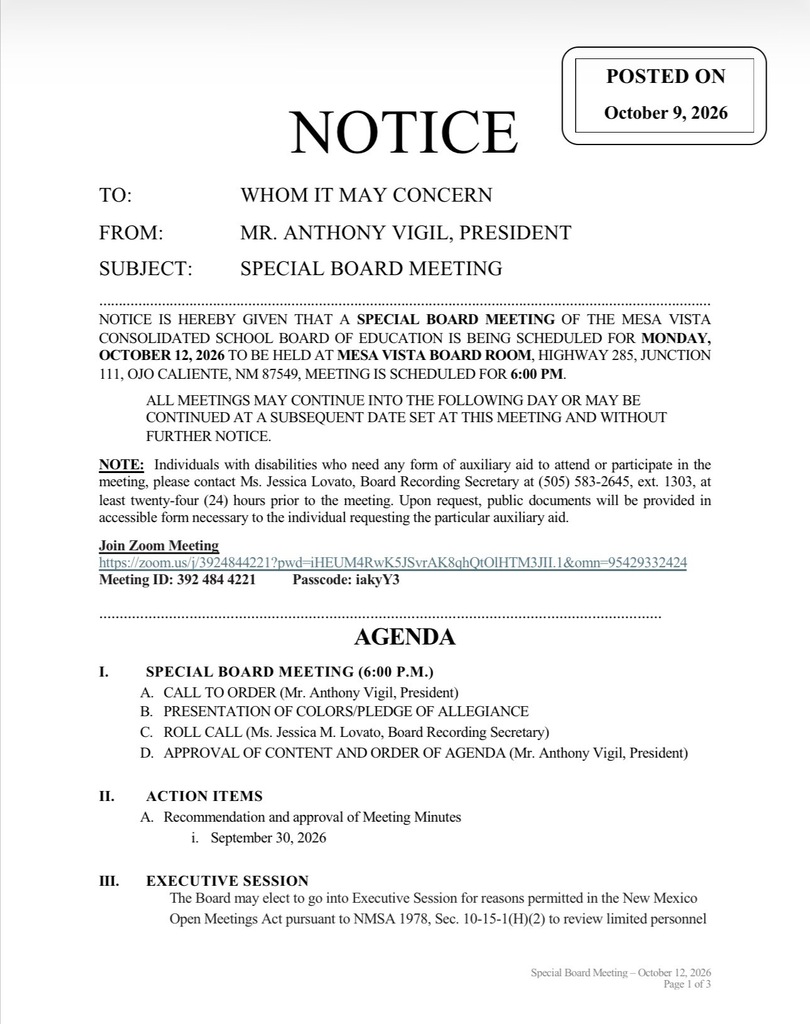 Special board meeting announcement and agenda