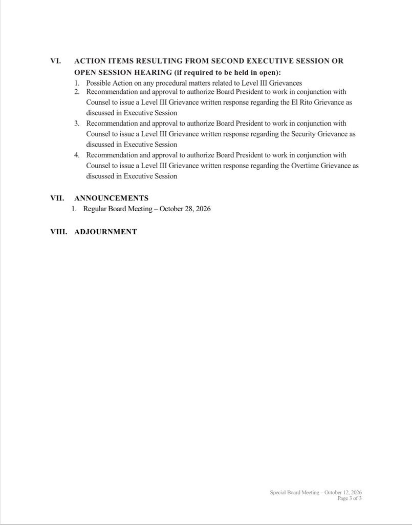 Special Board meeting announcement and agenda