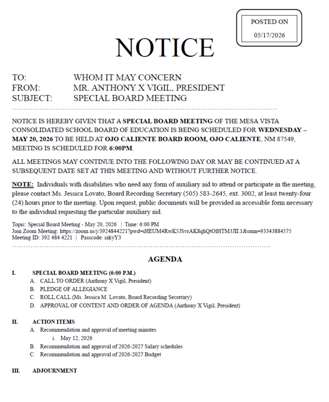 Special Board Meeting - May 20, 2026