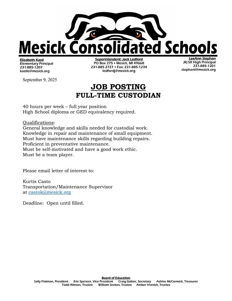 FULL TIME CUSTODIAN 