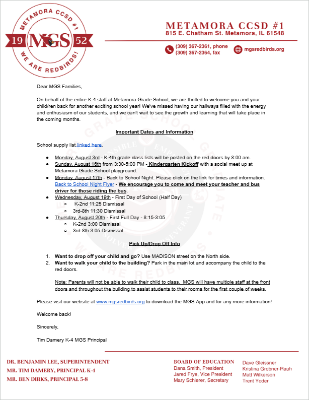 Welcome Back Letter