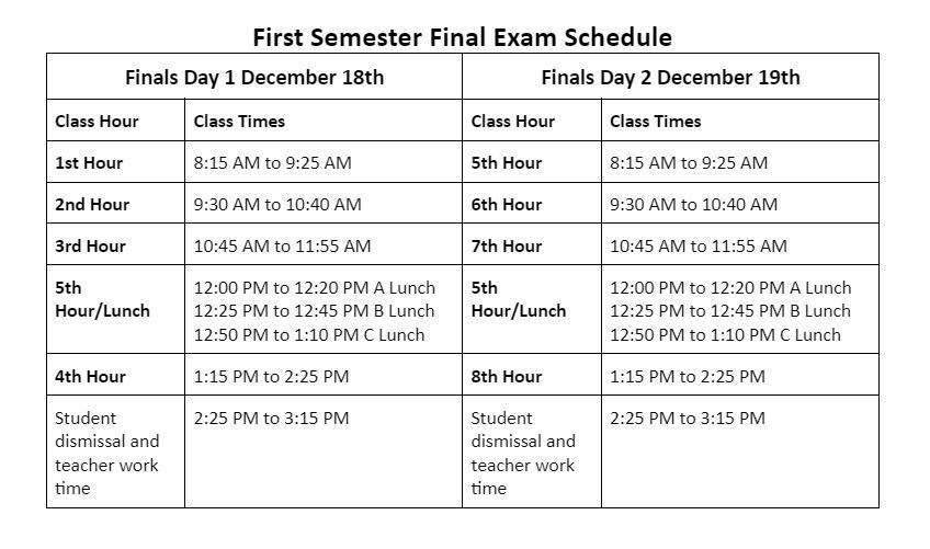 Finals Schedule for Monday 12/18 and Tuesday, 12/19