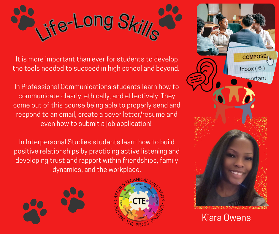 Life‑Long Skills” flyer with paw prints. Photos/graphics: students meeting, email inbox with “COMPOSE” button, listening/communication icons, community figures, CTE circular logo (“CAREER & TECHNICAL EDUCATION — PUTTING THE PIECES TOGETHER”), and portrait of Kiara Owens.