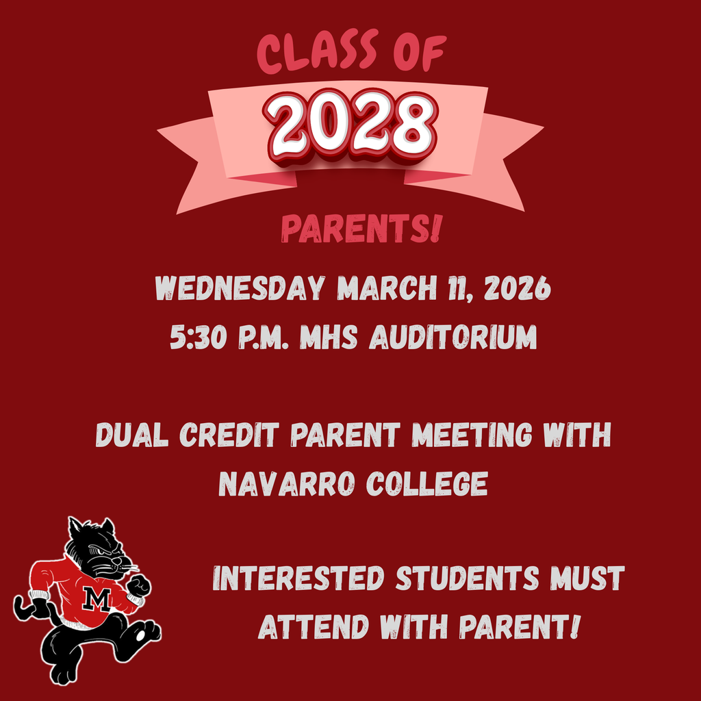 red background with running cat mascot in lower left corner; dual credit meeting info