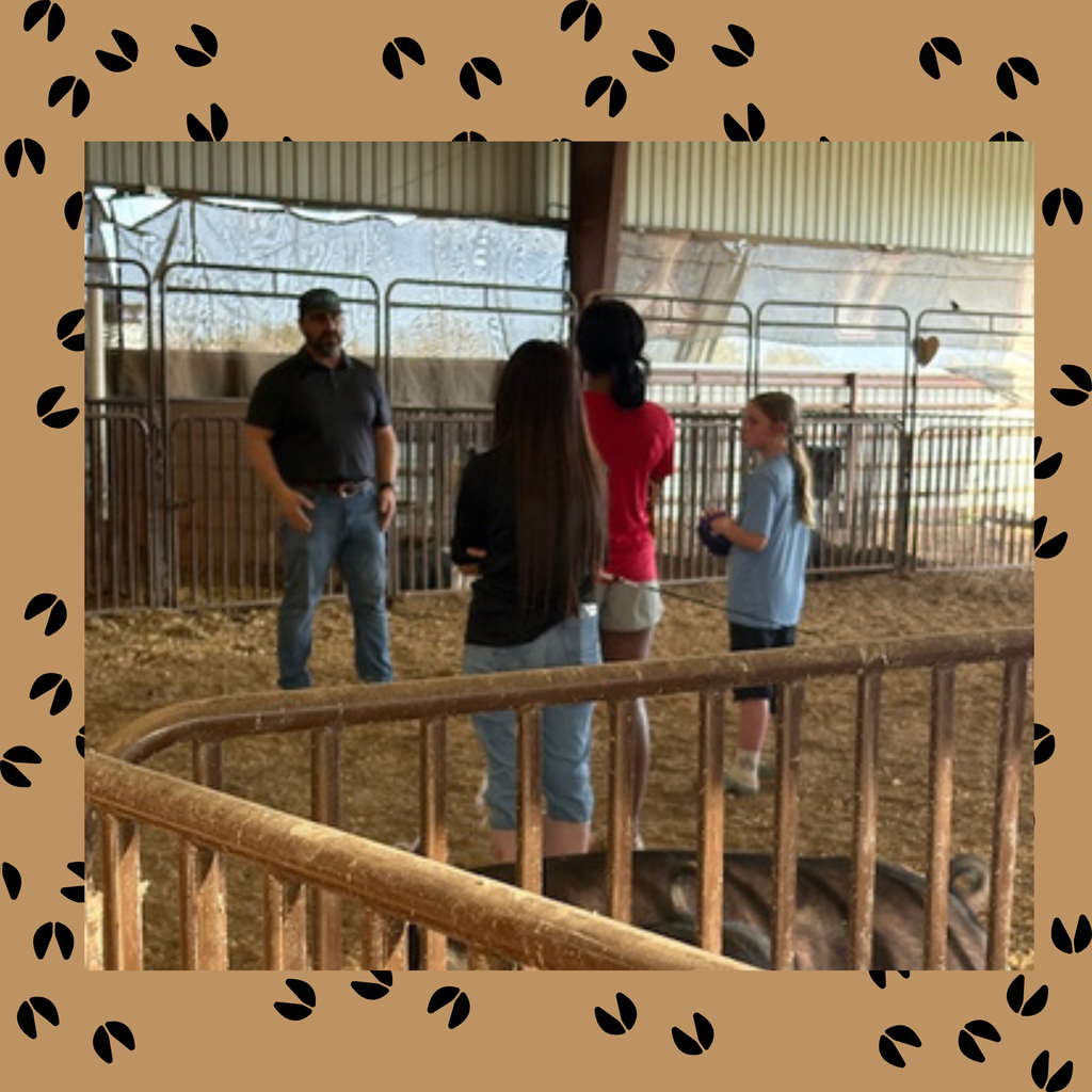 man talking with 3 youth about their animals at the ag barn