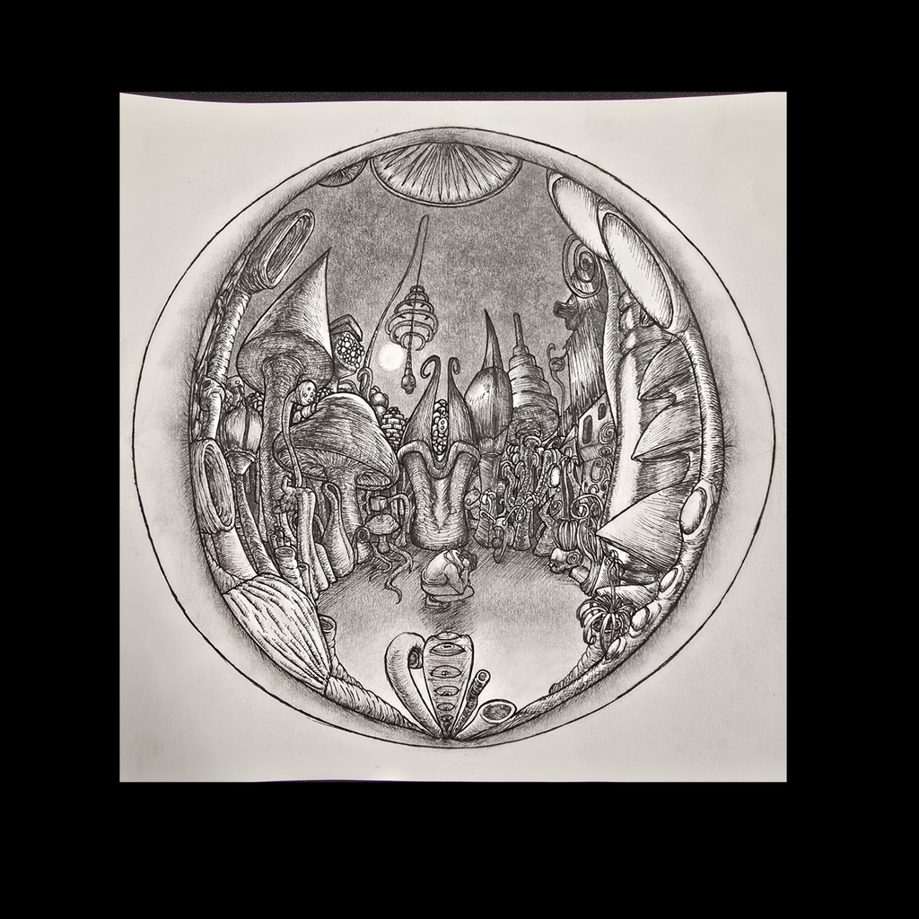 black and white medallion with various designs 