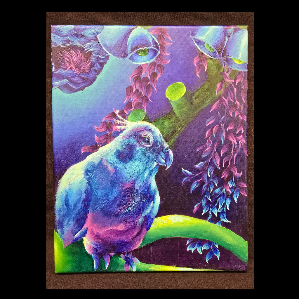 bright blue parrot on a green stem with blue bell flowers and purplish colored Ivy flowing down