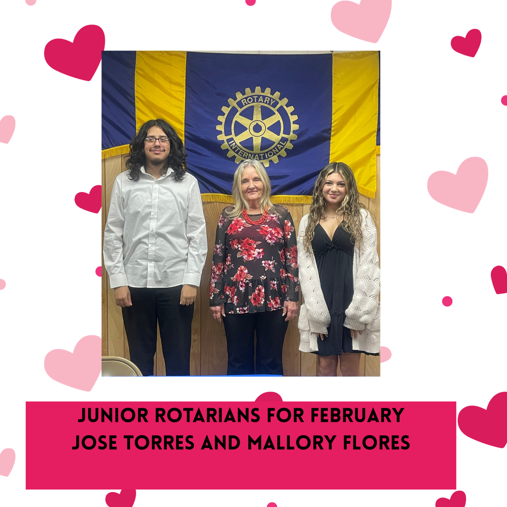 two students pose with Rotarian representative in front of rotary flag